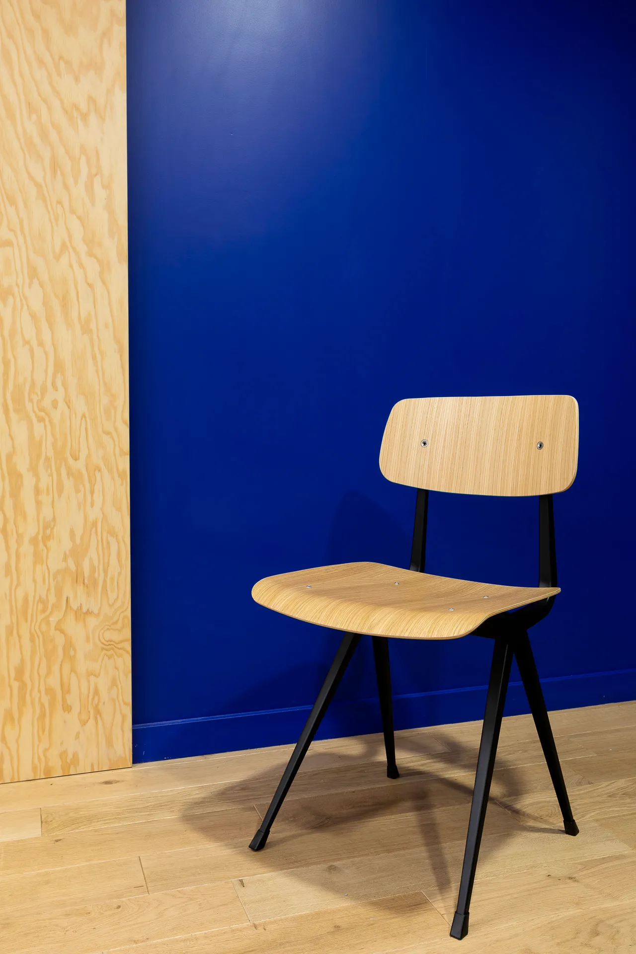 mur bleu électrique chaise bois piétement noir